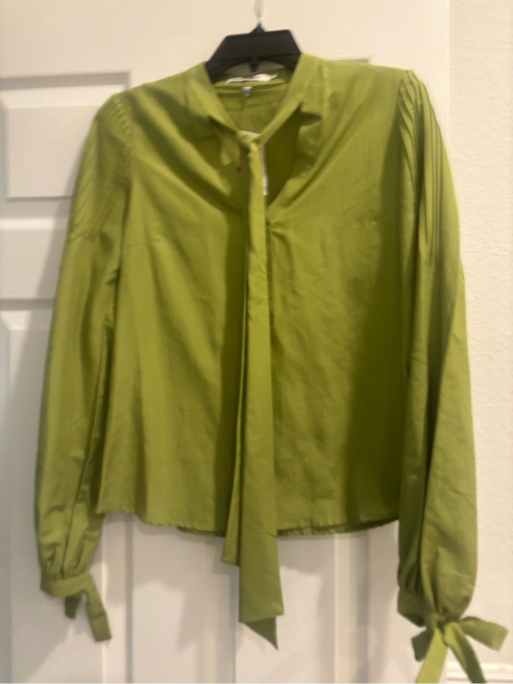 Haute Hippie Chartreuse Tie-Neck Long Sleeve Blouse